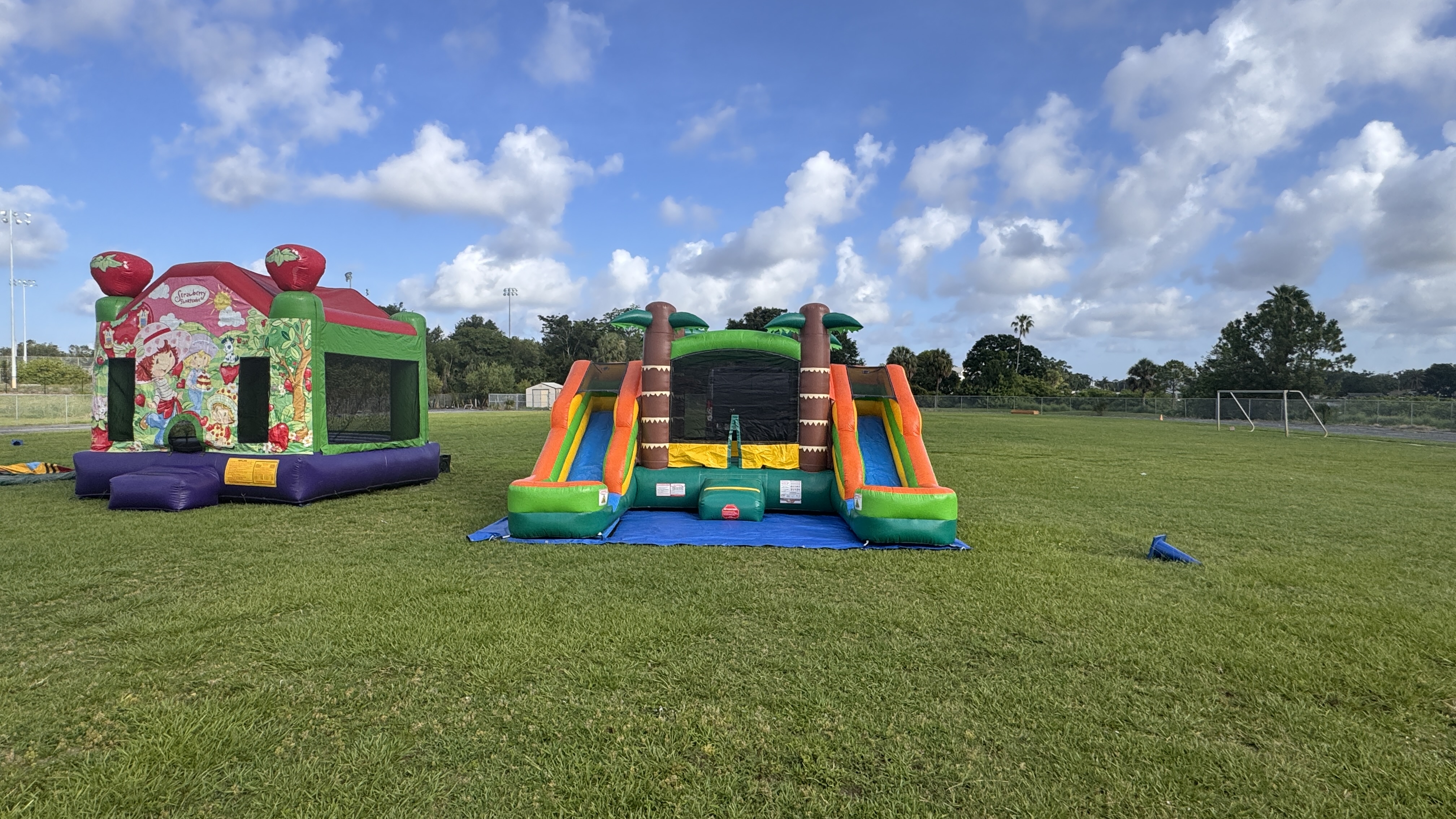 Strawberry Shortcake bounce house and tropical combo set up on a sunny field